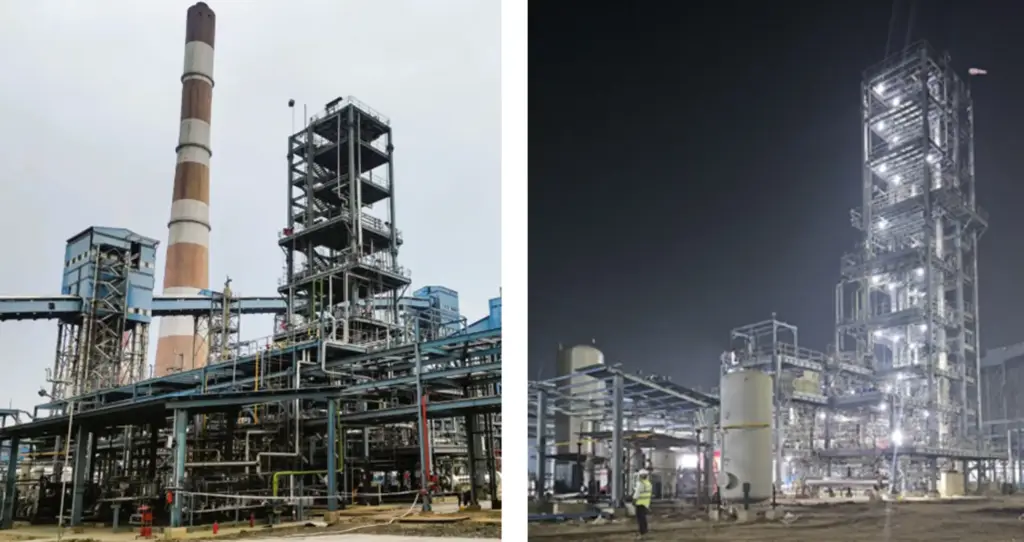 (左)発電所内に設置されたメタノール合成実証プラント全体図　　(右)反応器・蒸留エリア