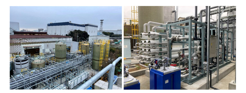 用地課題を解決するコンパクト化を実現した排水処理設備（左）、と水のリサイクルを可能にする排水回収装置（RO ユニット）（右）