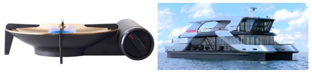 「イワタニカセットフー “極”」（左）、水素燃料電池船（右）